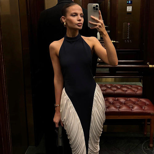 Summer Women Clothing Sexy Halter Backless Pleated Contrast Color Slim