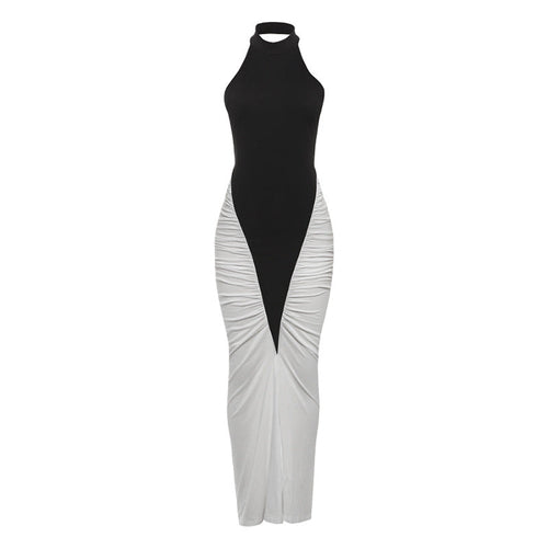 Summer Women Clothing Sexy Halter Backless Pleated Contrast Color Slim