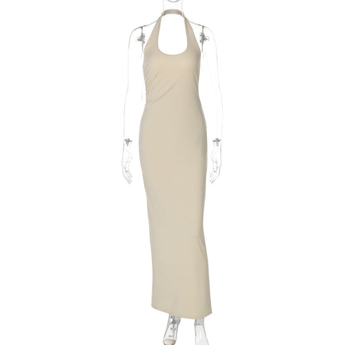 Women Clothing Summer Sexy Halter Backless Slit Solid Color Slim Fit